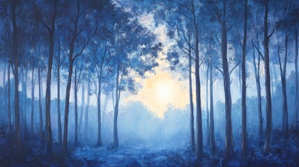 Fototapeta premium An oil painting of a forest with blue hues and a bright light in the distance.