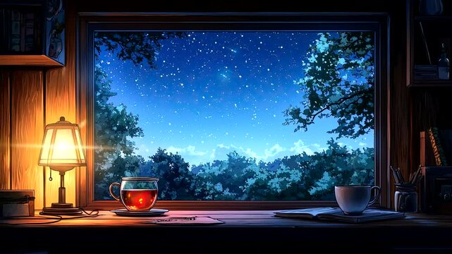 Night view of starry sky through a cozy wooden window with warm tea. Seamless looping 4k video background.