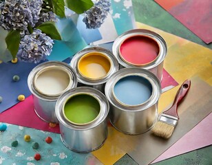 cans of paint on colorful background