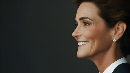 Elegant mature woman smiling in profile, wearing formal attire with diamond earrings against dark background