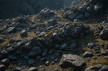 Obraz premium A rocky hillside with a few plants growing out of the rocks