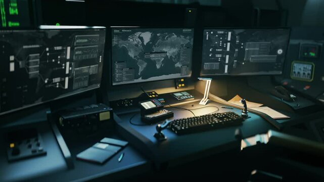 Spy target tracking software scanning the virtual world map. Spy target tracking system connecting to the satellite signal. Spy target tracking technology locating the enemy coordinates.