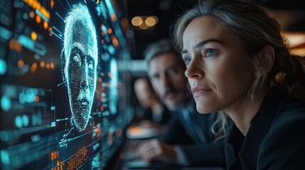 A group of business professionals meets around a futuristic hologram, discussing technology strategies.