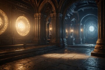 A dark, empty room with a large clock on the wall