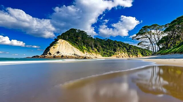 Serene beachscape with lush cliffside clear skies