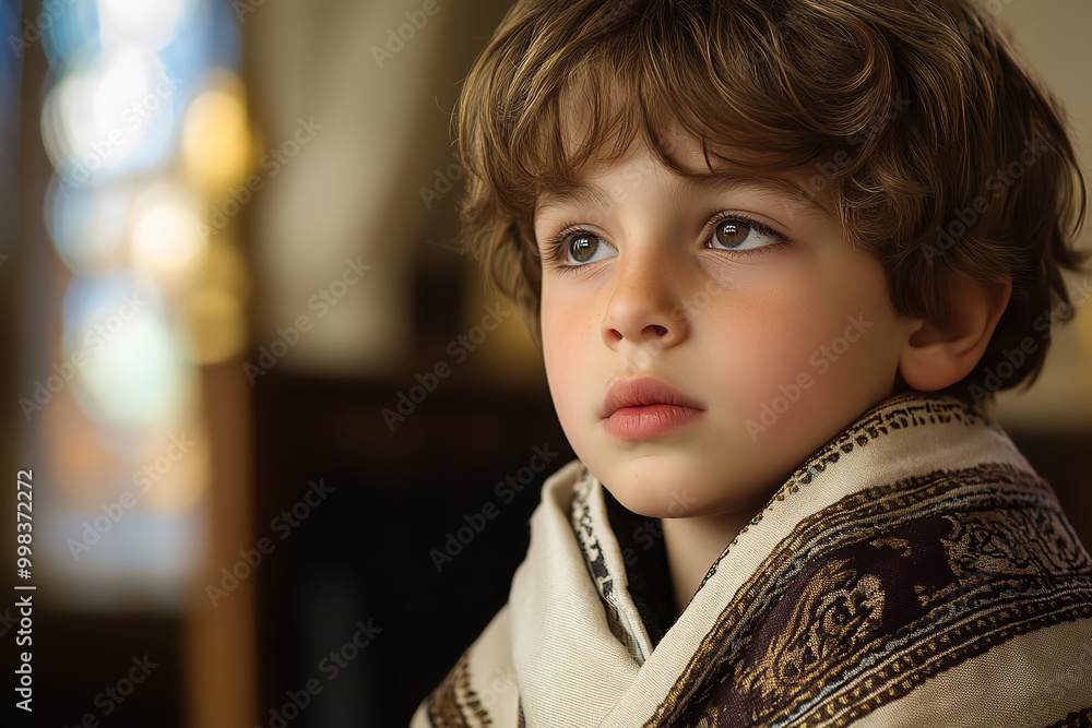 Sticker Young Boy in Prayer Shawl Reflecting During Yom Kippur Service  