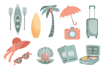 Set of cute summer icons, stickers. Collection of scrapbooking elements for beach party. Tropical vacation. Vector	