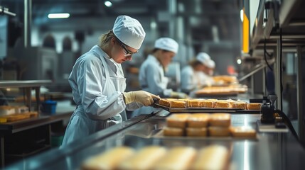Workers preparing cakes in a busy bakery at night, focused on quality and precision in their tasks