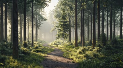 Fototapeta premium serene pine forest with a path leading into the distance.