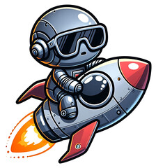 A cute white robot with sunglasses trying to ride the techno spaceship.