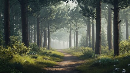 serene pine forest with a path leading into the distance.