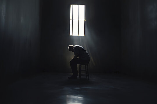 Man sits on a stool in a solitary confinement cell.