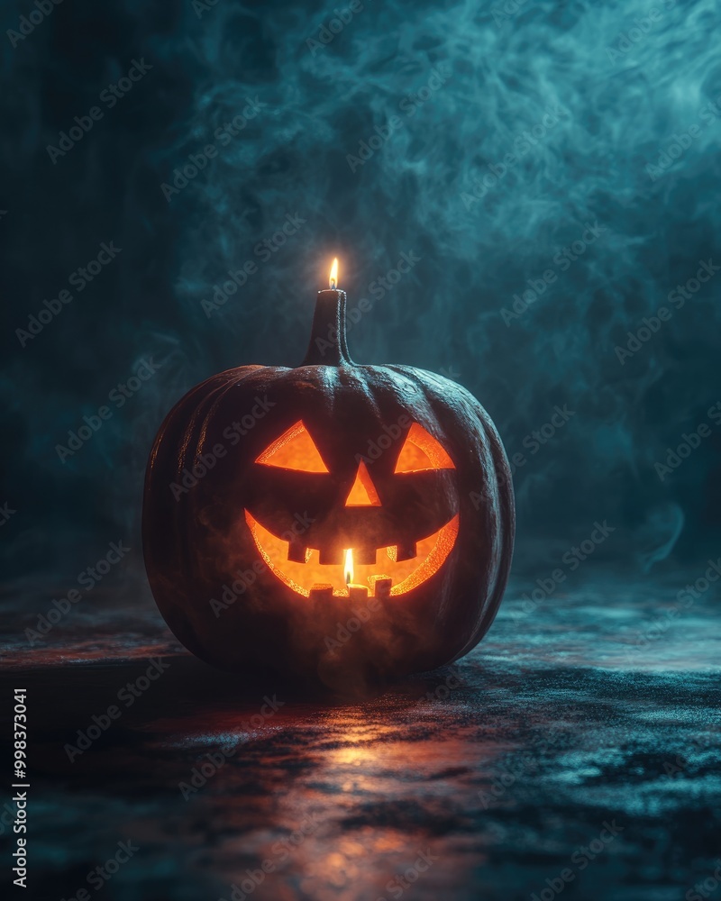 Canvas Prints Spooky pumpkin lantern on dark backdrop