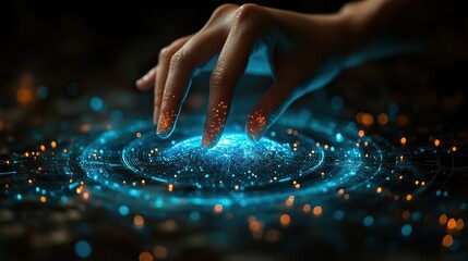 A hand touching a glowing blue earth hologram on a dark background, depicting futuristic business networking and global tech innovation.