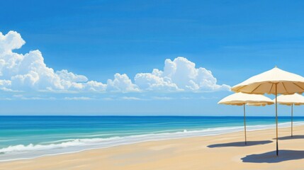 Fototapeta premium Serene Beach Scene with Colorful Umbrellas Perfect for Travel and Relaxation Themes