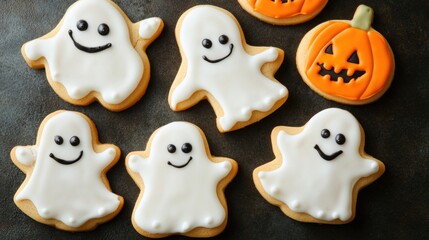 Homemade Halloween ghost cookies pumpkin treat on dark surface