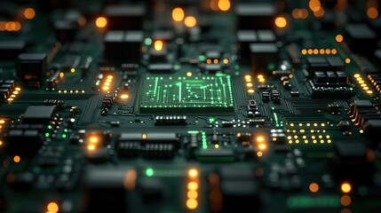 Fototapeta premium A high-tech green circuit board symbolizes modern technological advancements.