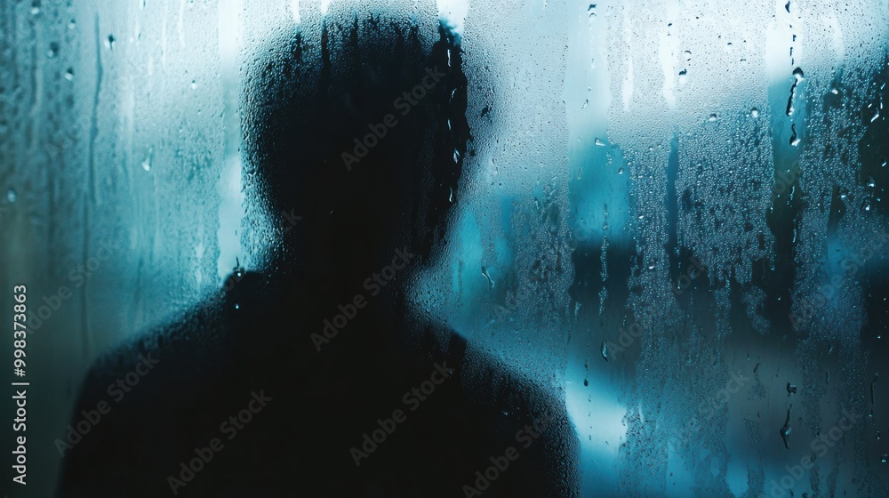 Poster a lone person stands by a rain-covered window, lost in thought as raindrops cascade down the glass, 