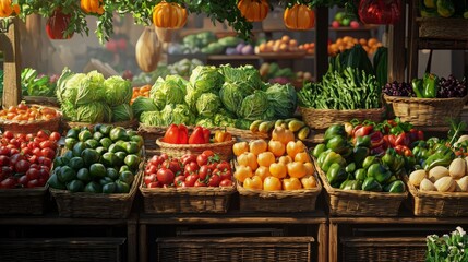 Vibrant farmers market showcasing fresh organic fruits and vegetables, Supporting local agriculture