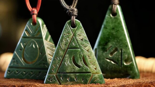Three jade christmas tree ornaments with carved symbols are hanging on a red string against a dark background with bokeh