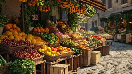 Vibrant farmers market showcasing fresh organic fruits and vegetables, Supporting local agriculture