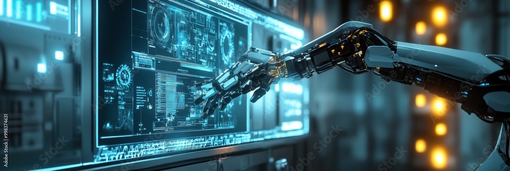 Poster In a sleek lab, a robotic arm skillfully assembles intricate machinery amidst glowing panels and advanced holographic displays. Generative AI