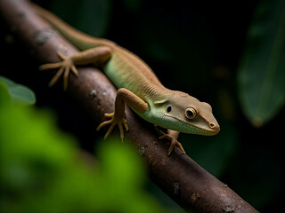 Fototapeta premium Lizard is on a branch in a dark forest