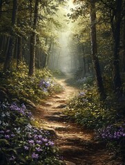 Obraz premium Sunlit Forest Path with Purple Flowers