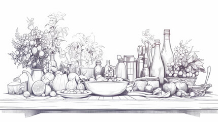 テーブルに置かれたフルーツと花