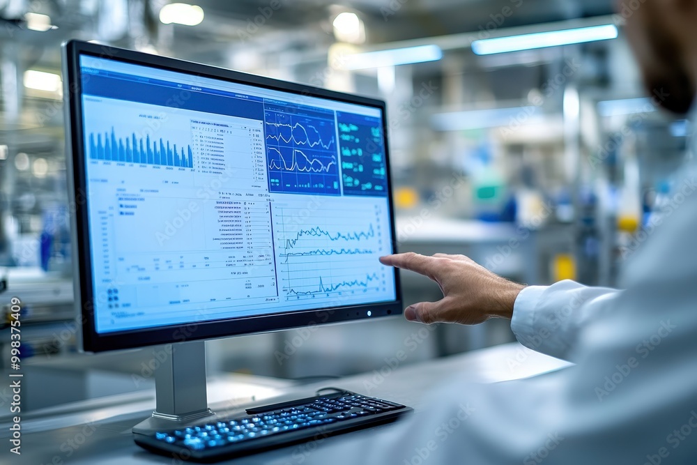 Poster a person analyzing data on a computer screen in an industrial setting.