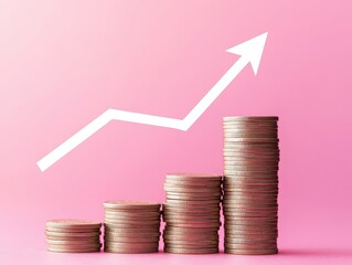 A growth chart made of stacked coins against a pink background, illustrating financial progress and increasing wealth.