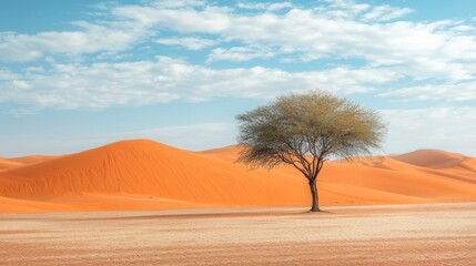 Naklejka premium A Solitary Tree Amidst Red Sand Dunes and a Blue Sky