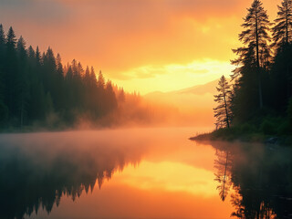 Beautiful sunset over a lake with trees in the background
