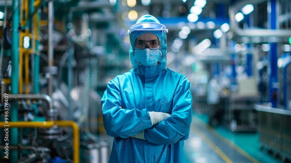 Poster a man in a blue lab coat and a mask stands in a factory