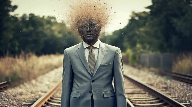 Surreal head explosion effect on businessman standing on train tracks
