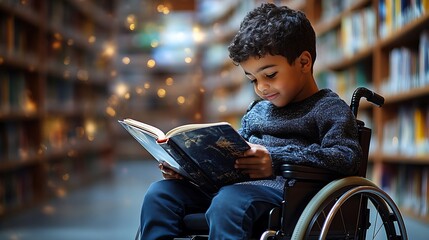  Happy young disabled mixed race school student in wheelchair reading a library book. African american child with disability learning. Inclusive & diverse education 