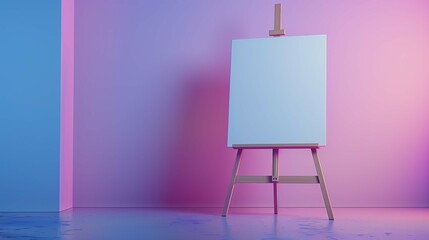 Wooden tripod easel with painting mockup in workshop. Drawing template on stand in empty art studio advertising image. Painting mock up near purple wall product photorealistic
