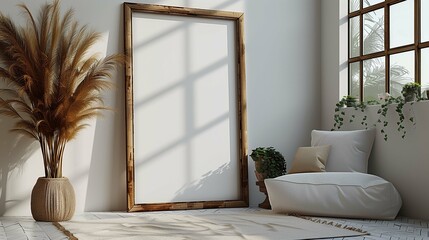 Painting mockup and chill out place in apartment. Home decor banner template with wooden frame advertising image. Picture mock up in home interior design product photorealistic