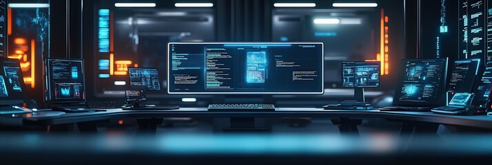 Obraz premium Cybersecurity command center with multiple monitors displaying code for network protection and analysis