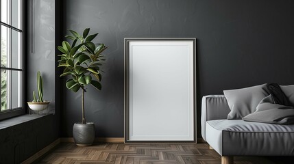 Motivating placard mockup on office hall interior. Art picture template with houseplant and sofa in living room advertising image. Minimalist banner mock up product photorealistic