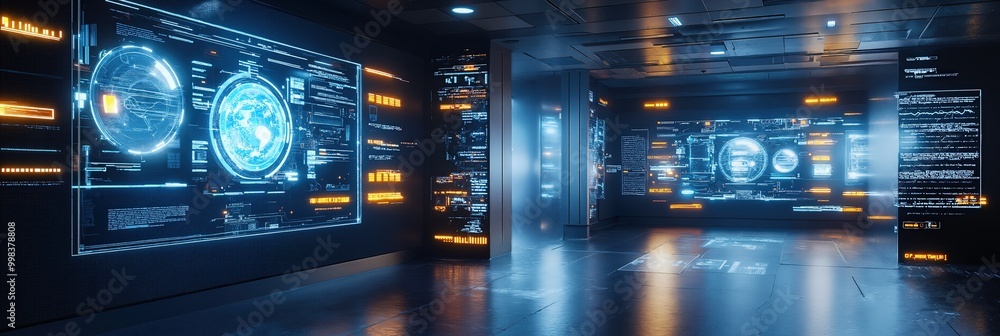 Aufkleber futuristic control room with digital displays and data interfaces for technology and innovation them