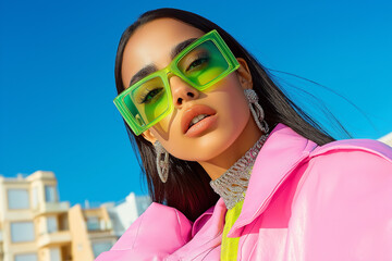 Close-up portrait of a woman in green oversized sunglasses and a bold pink jacket, posing against a bright blue sky. Fashion-forward style with vibrant colors and modern street aesthetics.