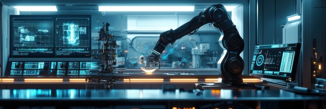 A robotic arm expertly assembles intricate machinery in a sleek, modern lab equipped with glowing screens and holograms. Generative AI - Powered by Adobe