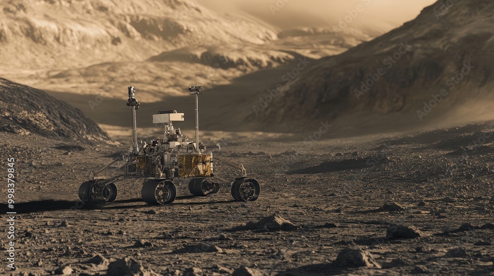 Poster in the desolate landscape of the moon, a robot equipped with high-tech instruments explores and anal