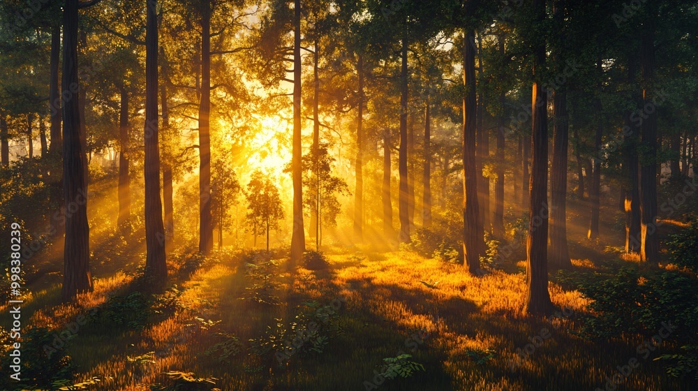 Poster golden sunlight streams through tall trees in a dense forest, illuminating the forest floor with a w