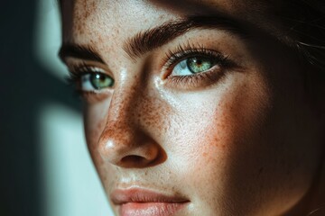 Captivating close-up of woman with freckles green eyes in natural light