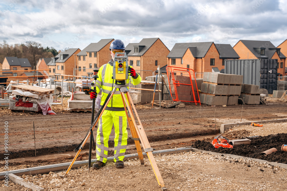 Wall mural construction surveyor measuring land for new homes in an active development site under cloudy skies