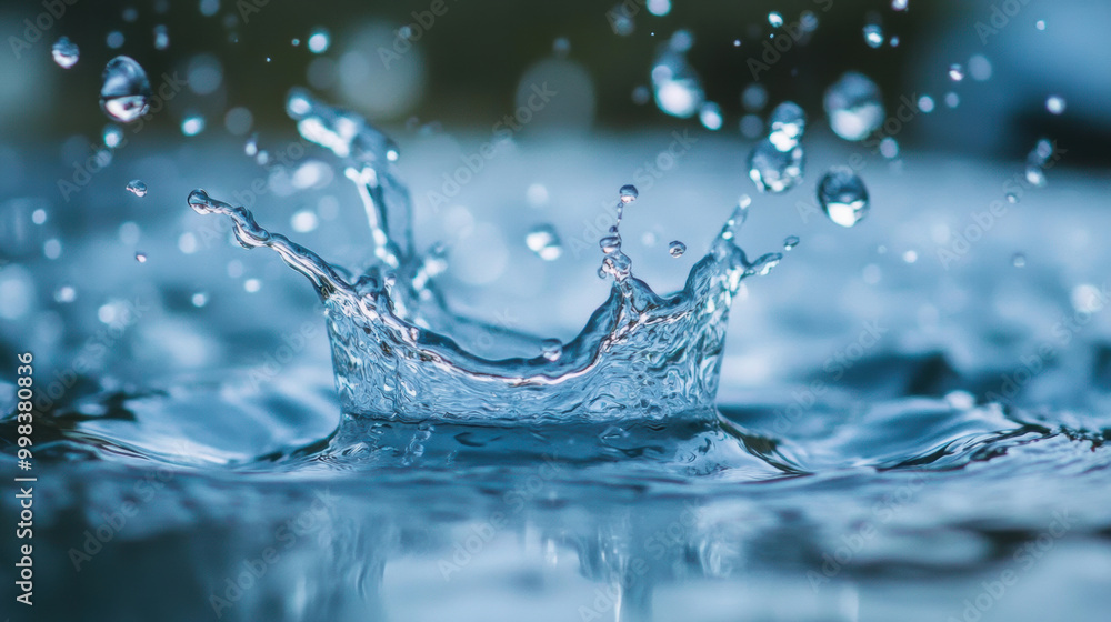 Poster close up of water droplets splashing in slow motion, creating beautiful ripples and reflections. vib