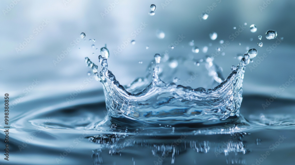 Poster close up of water droplets splashing in slow motion, creating beautiful ripple effect on surface. cl