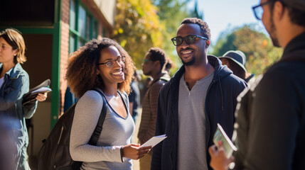Obraz premium multiethnic group of students standing in line and smiling at camera